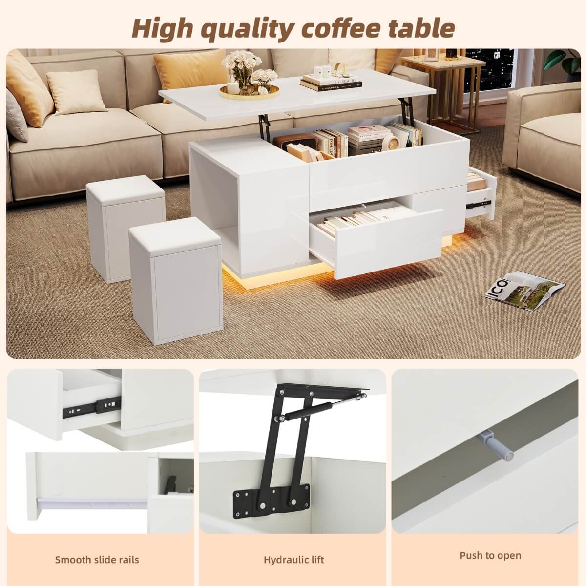 4 in 1 LED Coffee Table - Height Adjustable High Gloss Table with Storage, Drawers and 2 Stools