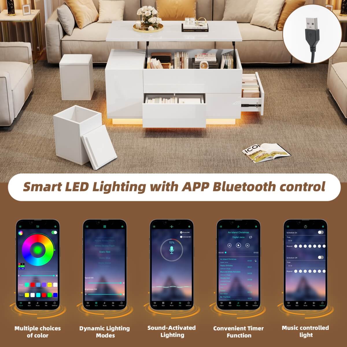 4 in 1 LED Coffee Table - Height Adjustable High Gloss Table with Storage, Drawers and 2 Stools