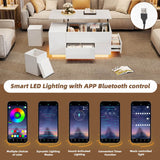 4 in 1 LED Coffee Table - Height Adjustable High Gloss Table with Storage, Drawers and 2 Stools