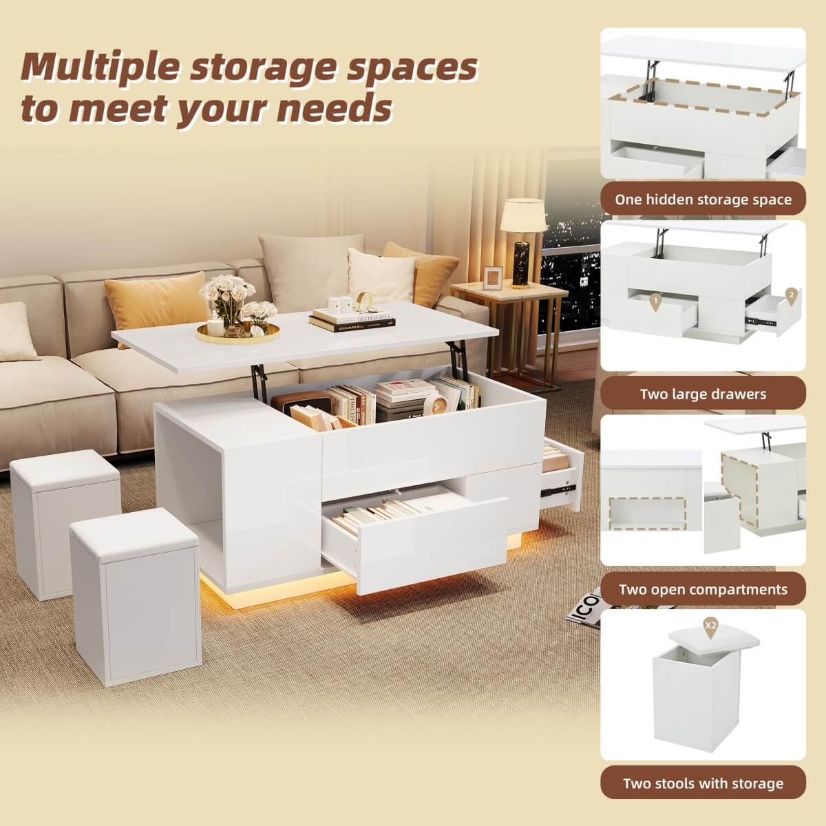4 in 1 LED Coffee Table - Height Adjustable High Gloss Table with Storage, Drawers and 2 Stools