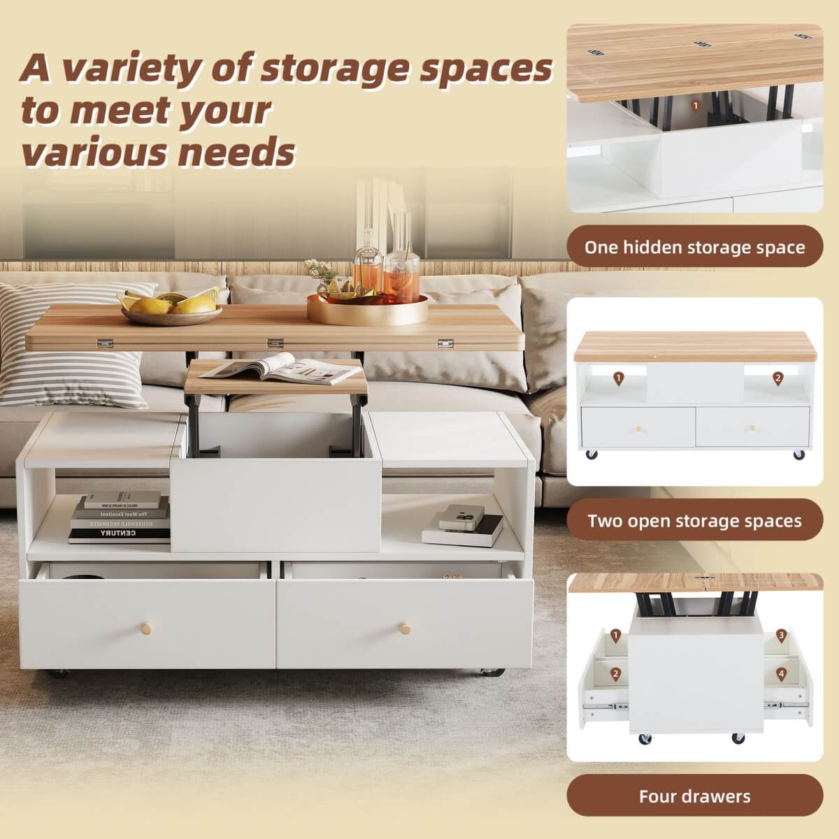 Lift-Top Coffee Table with Storage & Wheels - Extendable Dual Platform Living Room Centre Table