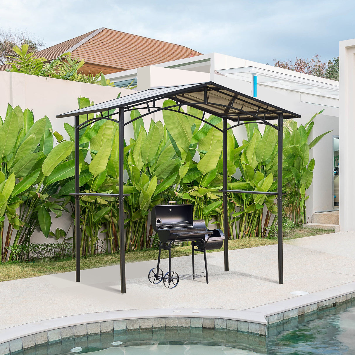 Outdoor BBQ Gazebo Tent 8ft x 5ft with 2 Shelves, Aluminium Steel Frame