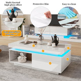 High Gloss Coffee Table – LED RGB Lights, Drawer Storage & Open Shelf, White
