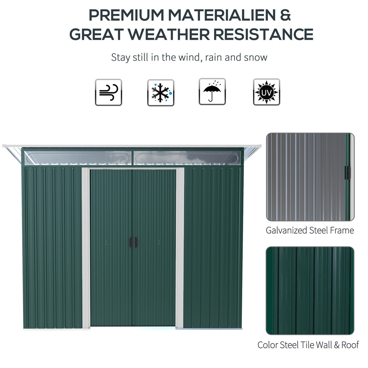 Metal Shed 8.5 x 4ft, Lightsky Panels, Double Doors, Green