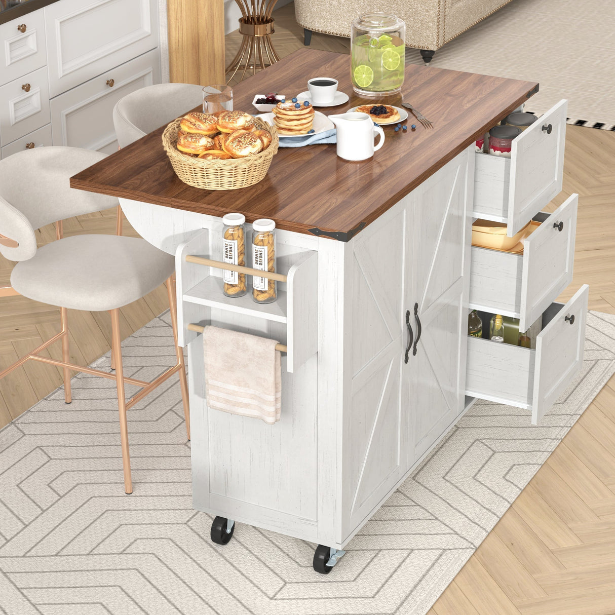 Kitchen Island Serving Cart with Extendable Worktop and Wood Grain, Two Doors and Three Drawers