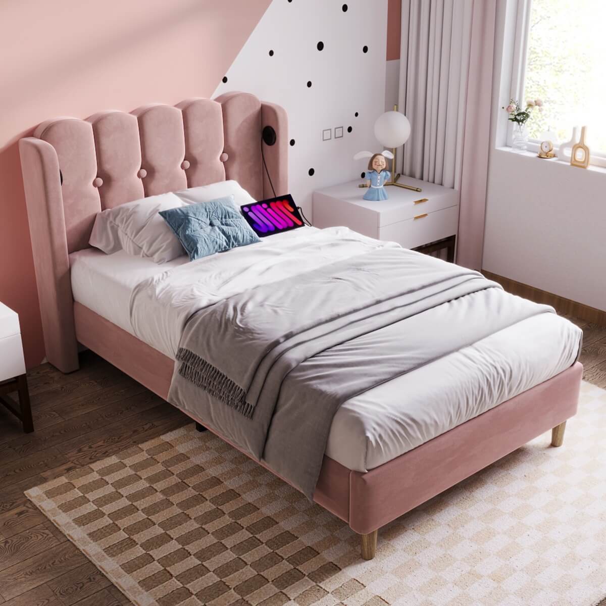 3ft Single Velvet Upholstered Bed with USB Charging - Pink Bed Frame