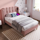 3ft Single Velvet Upholstered Bed with USB Charging - Pink Bed Frame