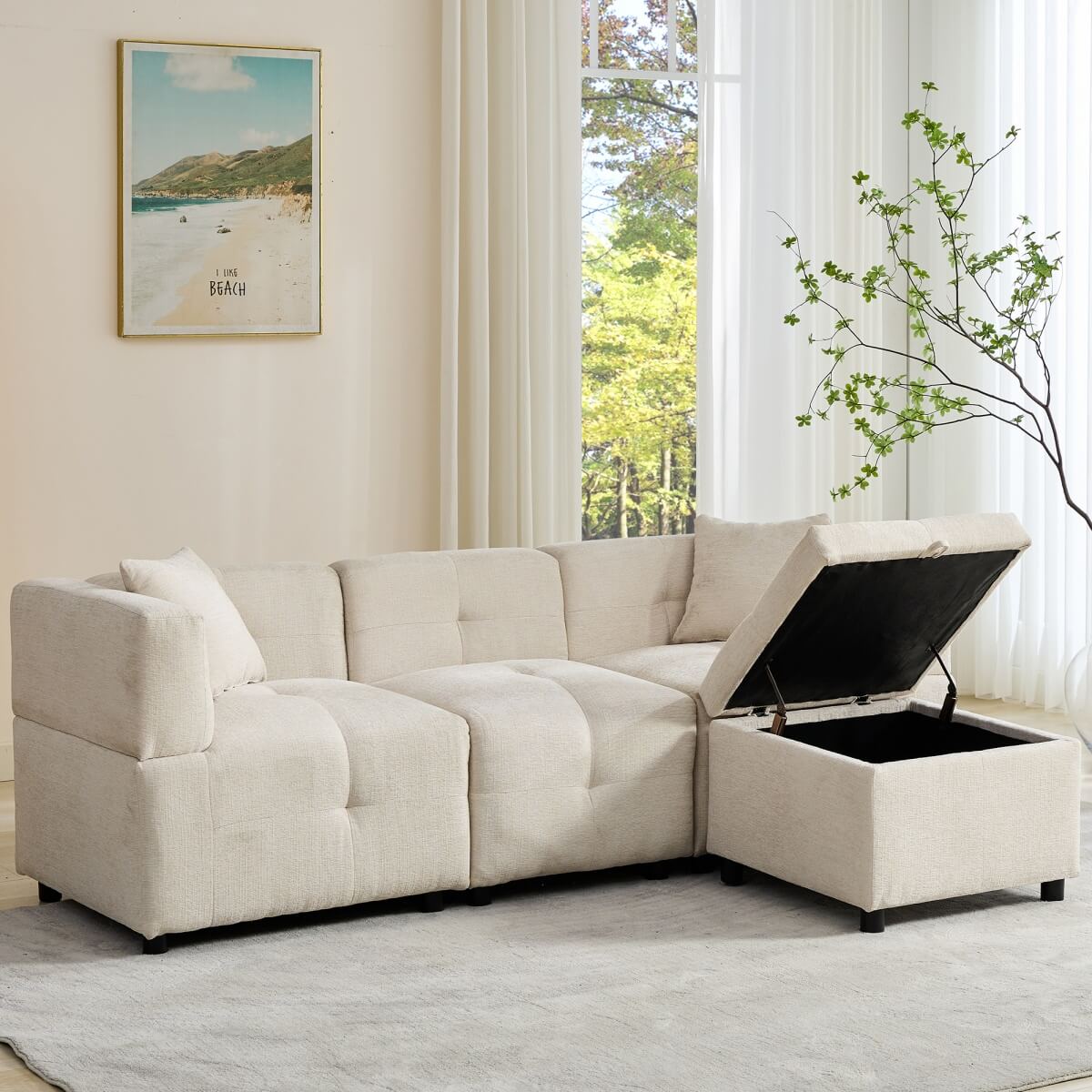 L-Shaped Corner Sofa - 80" Fabric Sectional Sofa with Removable Storage Ottoman & 2 Cushions, Beige