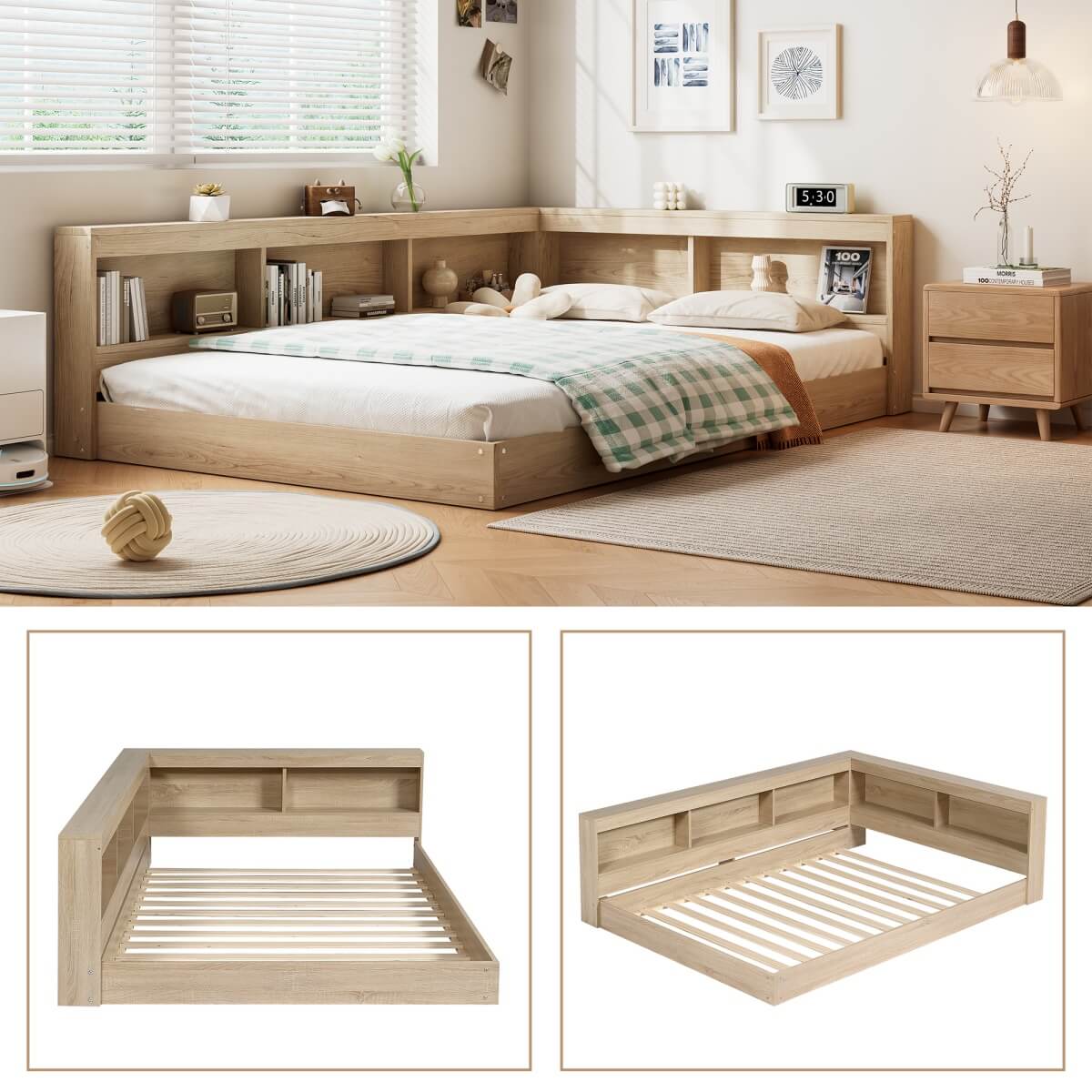4FT6 Double Storage Bed - White Oak Bed Frame with Ample Storage