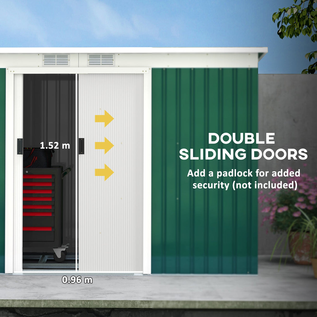 9ft x 4ft Metal Garden Shed with Foundation Kit, Ventilations, Double Doors, Deep Green