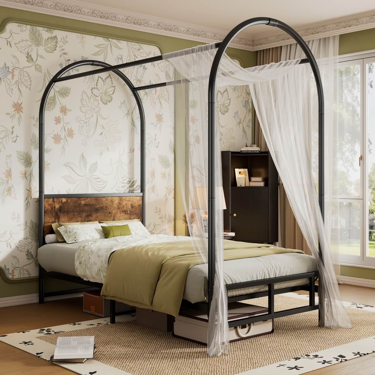 3ft Single Metal Canopy Bed - Sturdy Iron Bed Frame for Adults & Teenagers, Black & Wood