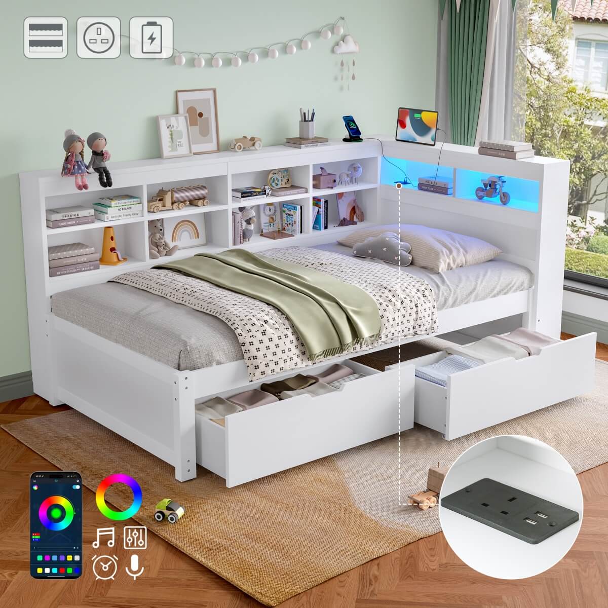 3ft Single Wooden Daybed with Storage Drawers - LED Bed Frame with Bedside Storage and Charging Station, White