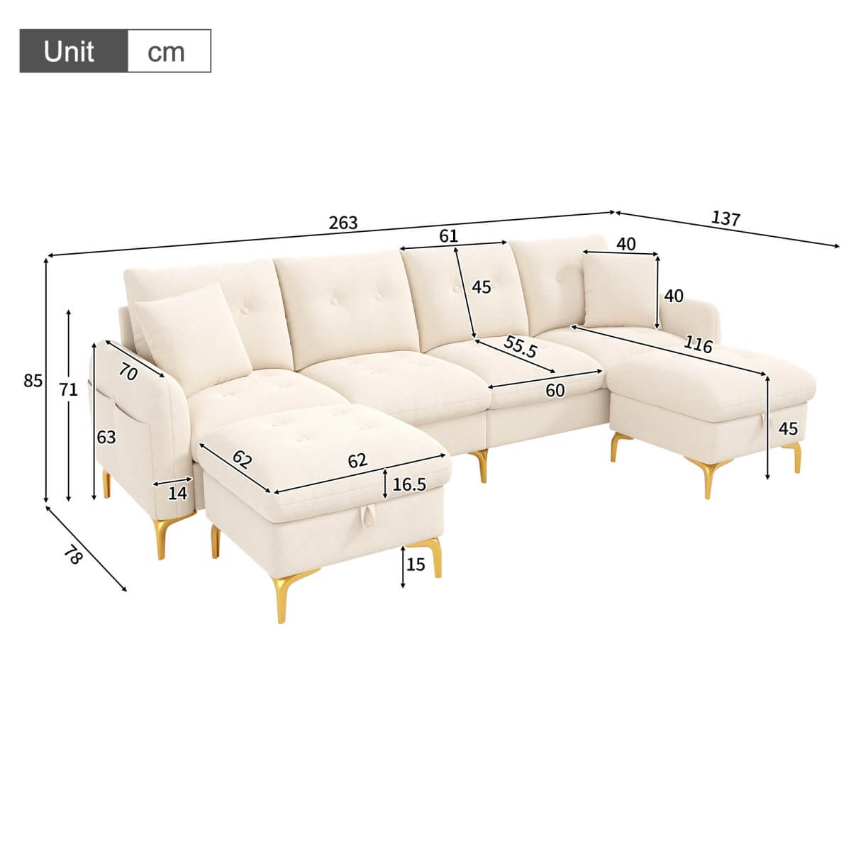 4 Seater U-Shaped Modular Sofa Bed with Storage Ottomans - Sleeper Sofa with 2 Storage Footstools and 2 Decorative Cushions, Beige