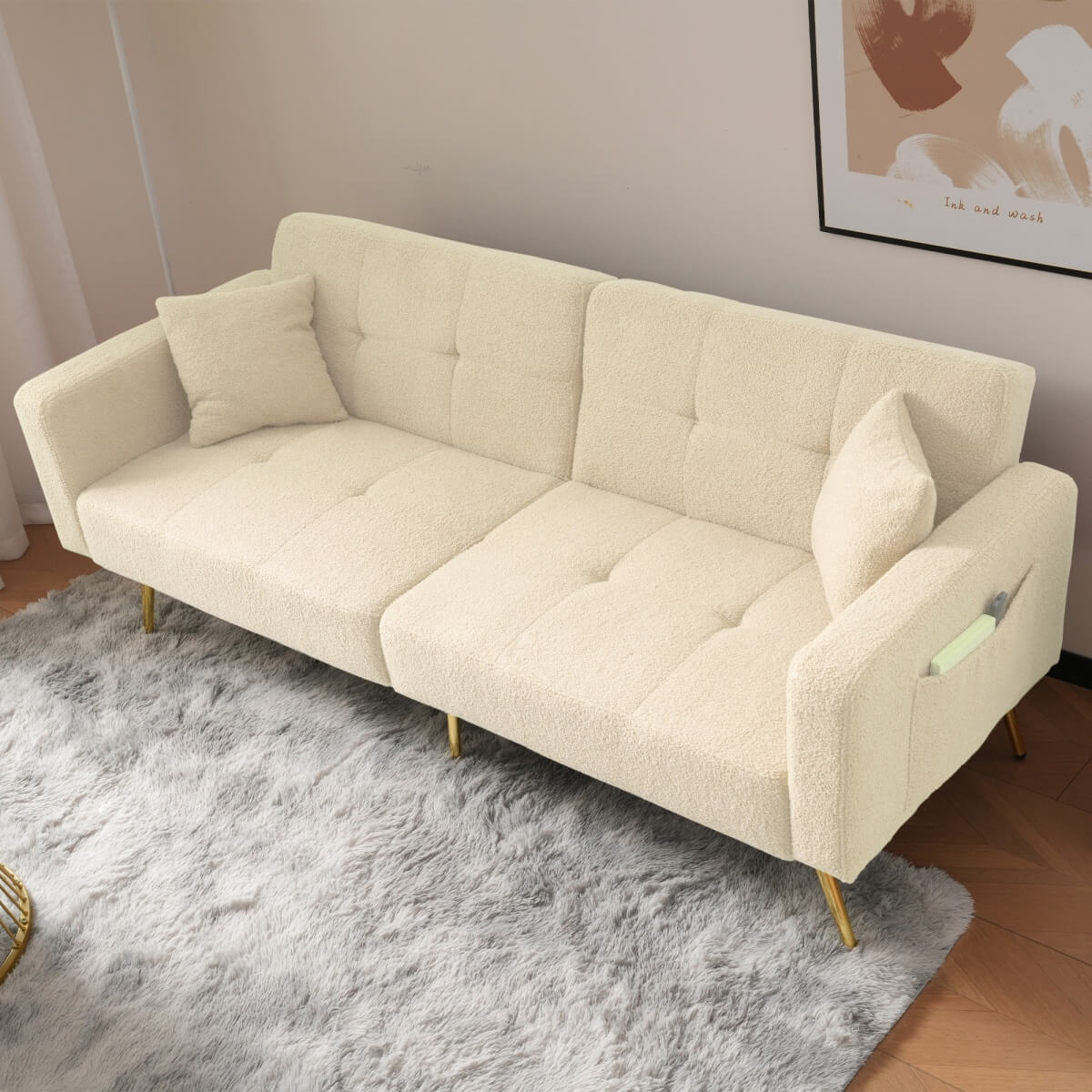 Modern Convertible Sofa Bed - Adjustable Recliner with Gold Legs and Side Storage Pockets, Beige