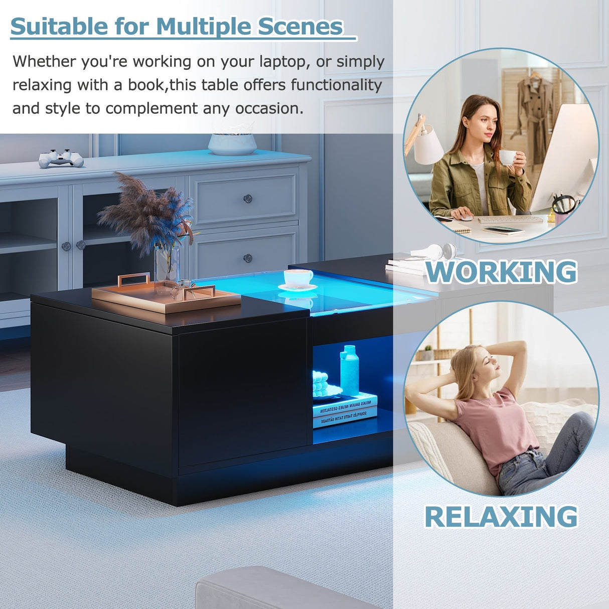 Coffee Table: Modern with Storage & LED Lights, 2 Tiers & 2 Drawers, Large Living Room Center Table, Black Particle Board