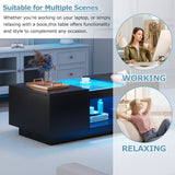 Coffee Table: Modern with Storage & LED Lights, 2 Tiers & 2 Drawers, Large Living Room Center Table, Black Particle Board