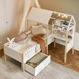 Kids House Bed with Safety Guard Rail - Solid Wood Bed Frame with L-Shaped Desk, Bookcase & Rolling Storage Drawers, White