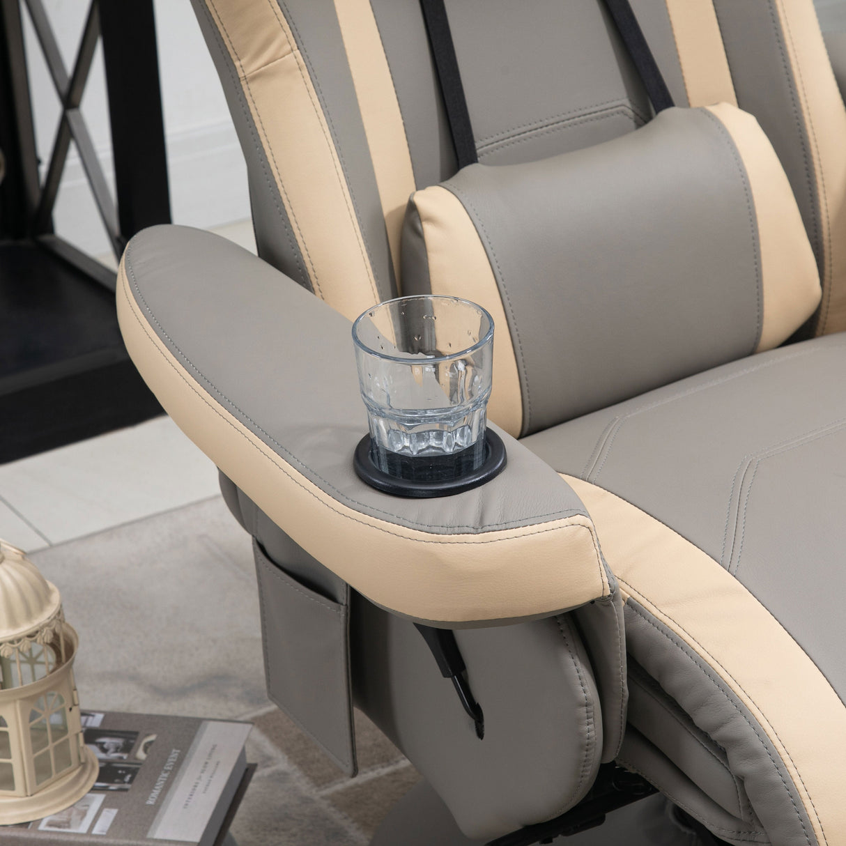 Manual Recliner Armchair with Adjustable Leg Rest, 135?? Reclining, 360?? Swivel, Grey PU Leather
