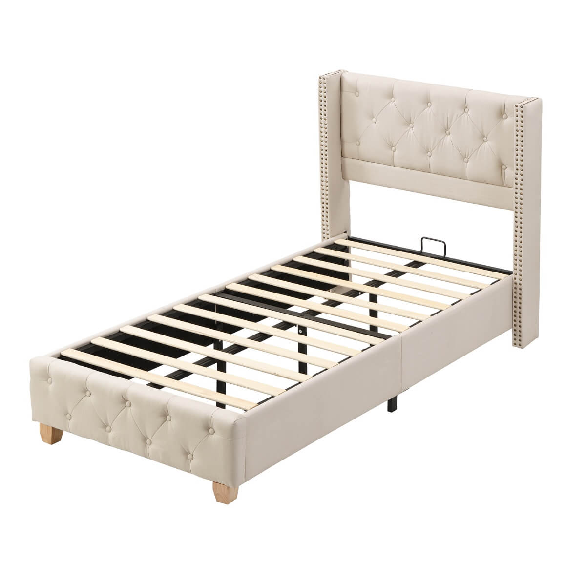 3ft Single Upholstered Bed Frame – Beige Linen Bed with Button Tufted and Riveted Headboard