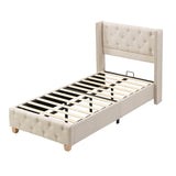 3ft Single Upholstered Bed Frame – Beige Linen Bed with Button Tufted and Riveted Headboard