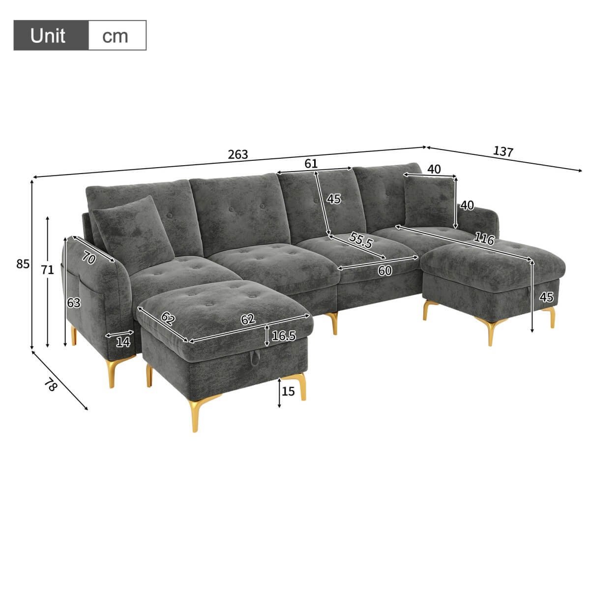 4 Seater U-Shaped Modular Sofa Bed with Storage Ottomans - Sleeper Sofa with 2 Storage Footstools and 2 Decorative Cushions, Grey