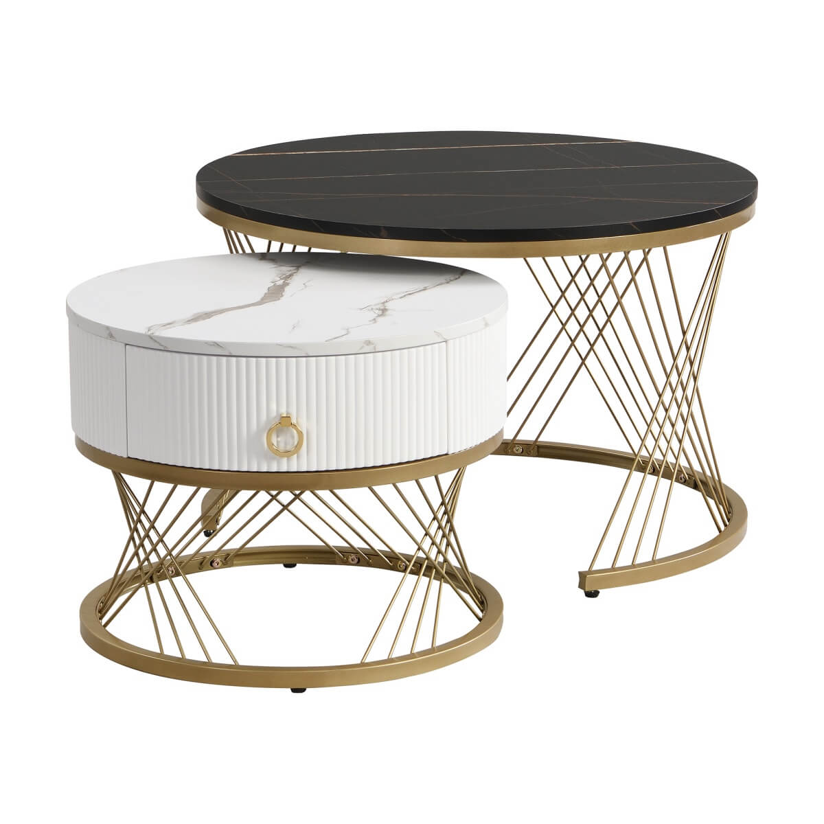 Nesting Coffee Table Set of 2 with Drawers - Marble Effect Tables with Gold Frame