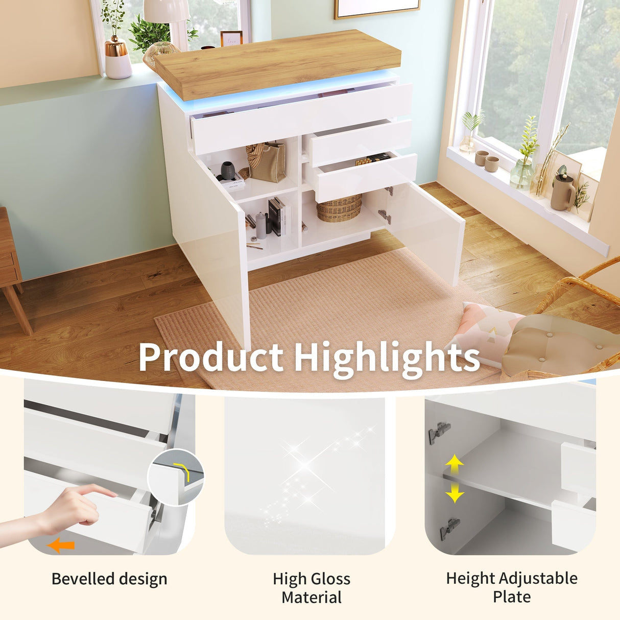 Chest of Drawers, High-Gloss Sideboard Cabinet with 2 Doors & 3 Drawers, RGB LED Storage, Multi-purpose, White