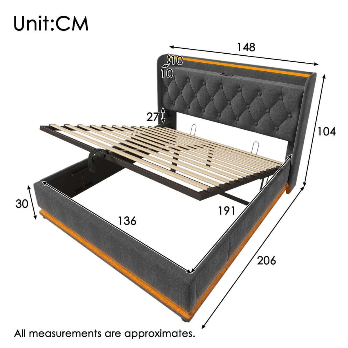 4ft6 Double Ottoman Bed – Grey Linen Upholstered Bed with 360° LED Lighting, Hydraulic Storage and USB Charging
