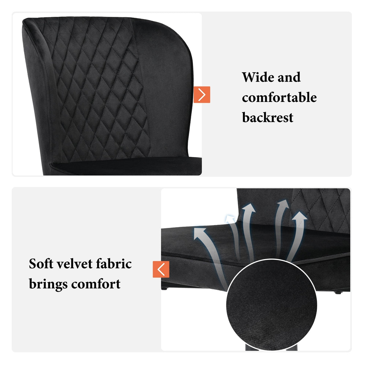 Velvet Dining Chair (2 pcs), Modern Vanity Chair with Metal Legs, Black