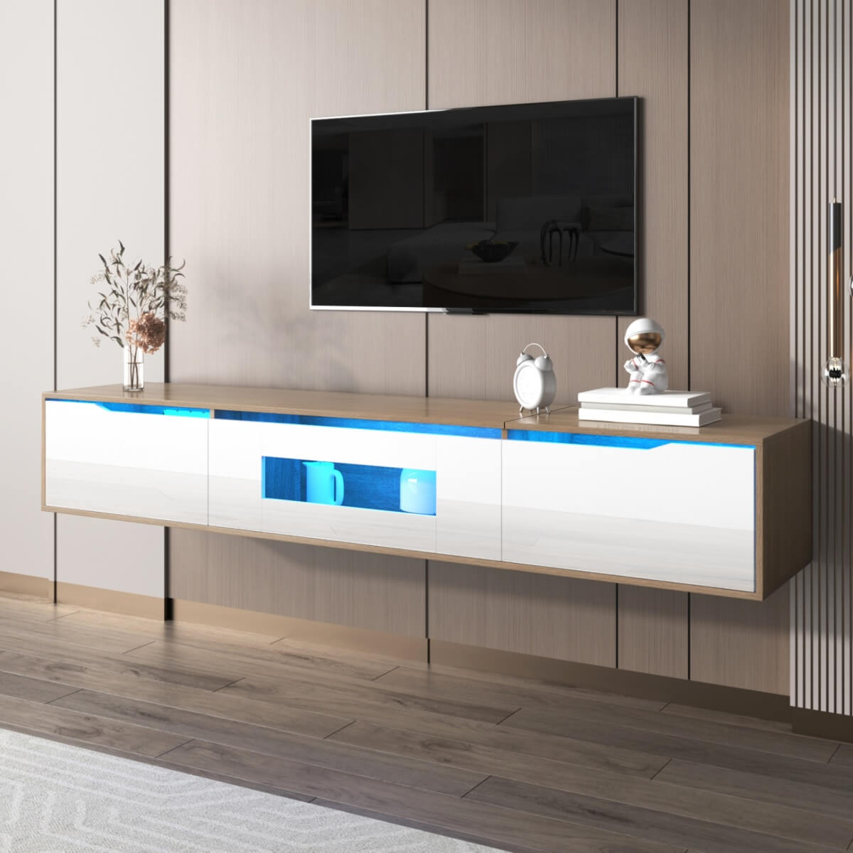 TV cabinet, high gloss, white and wood color, with color changing LED light
