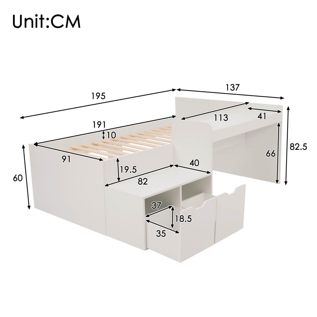 3ft Kids Single Bed with Desk & Drawers – White Wooden Storage Bed for Teens & Adults