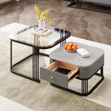 Nestable Coffee Table: High-Gloss Marble Exterior, Glass Tabletop, Black Table Legs, Side Table with Drawer (Set of 2)