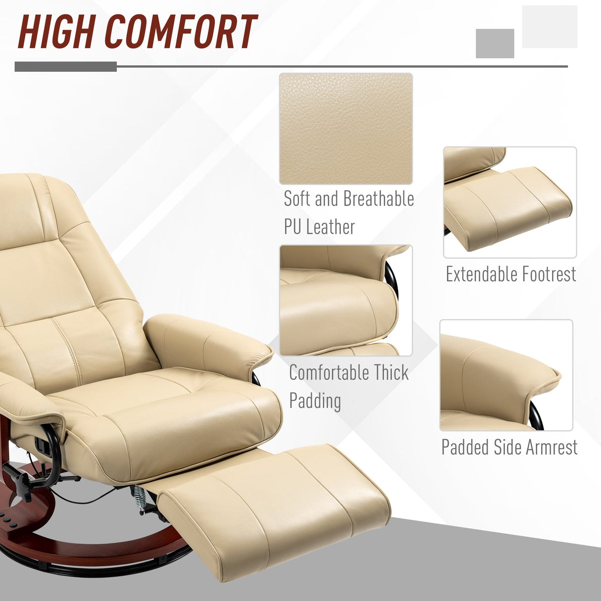 Faux Leather Armchair, 145?? Reclining Back and Footrest - Cream