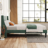 3FT Single Upholstered Velvet Bed - Winged Headboard with Slatted Base