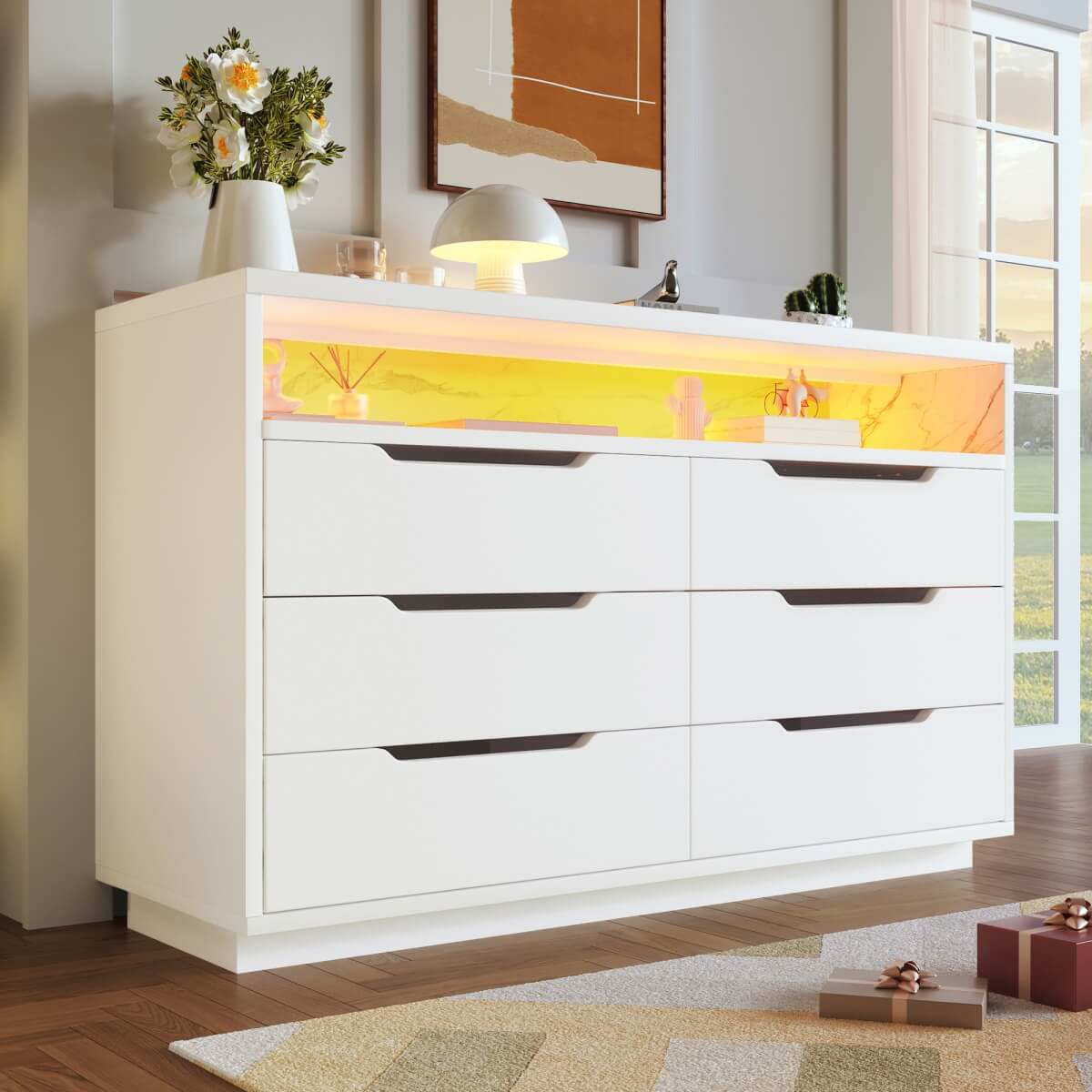 6 Drawer Chest of Drawers with RGB LED Lights - Modern Marble Effect Storage Cabinet with Shelves for Bedroom or Living Room, White