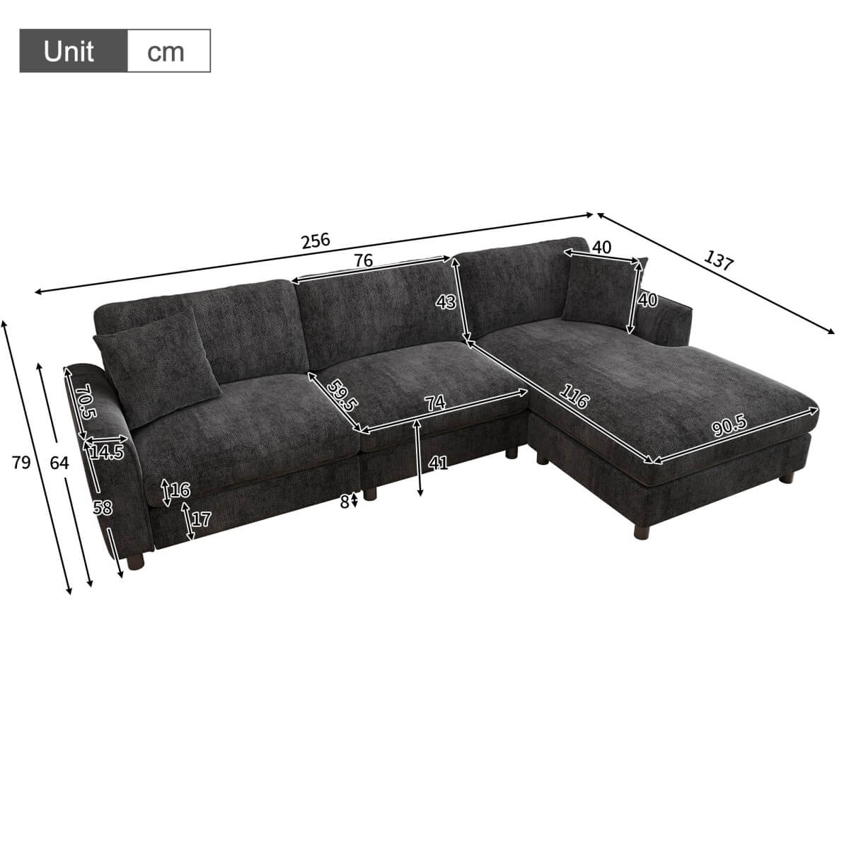 L-Shaped 3-Seater Sectional Sofa with Reversible Chaise - 90cm Extra-Wide Chaise Seat, Chenille Fabric, Grey