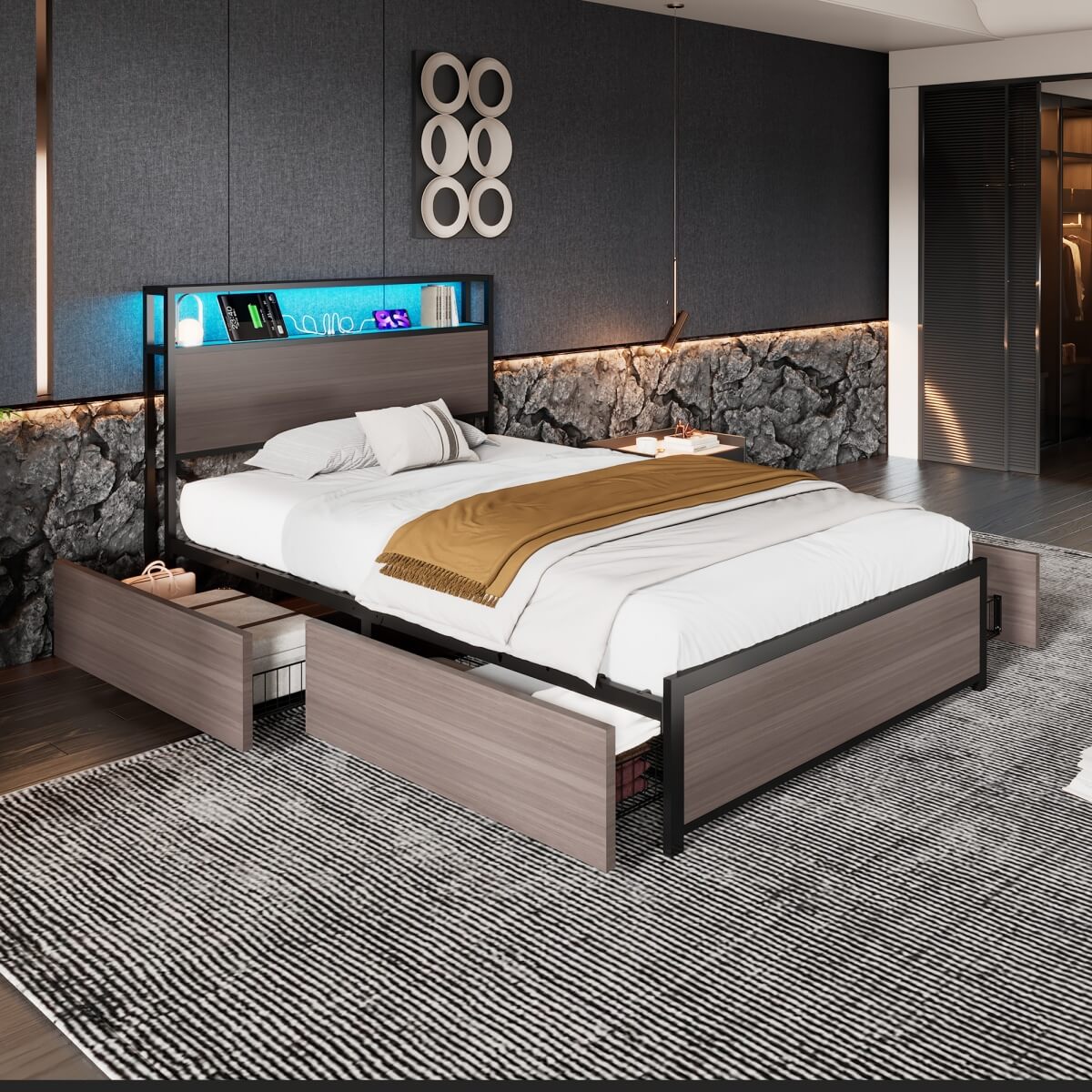 3FT Metal Bed Frame with LED Lights & 4 Drawers - Single Storage Bed with USB & Type-C Charging, Grey
