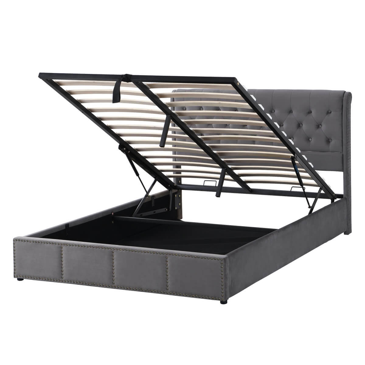 5ft King Size Velvet Ottoman Bed - Hydraulic Storage Bed with Rivet Detail, Grey