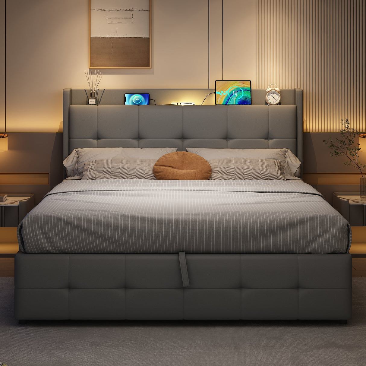 4ft6 Double Upholstered Bed Frame with Hydraulic Storage, Charging Station and LED Night Light, Grey
