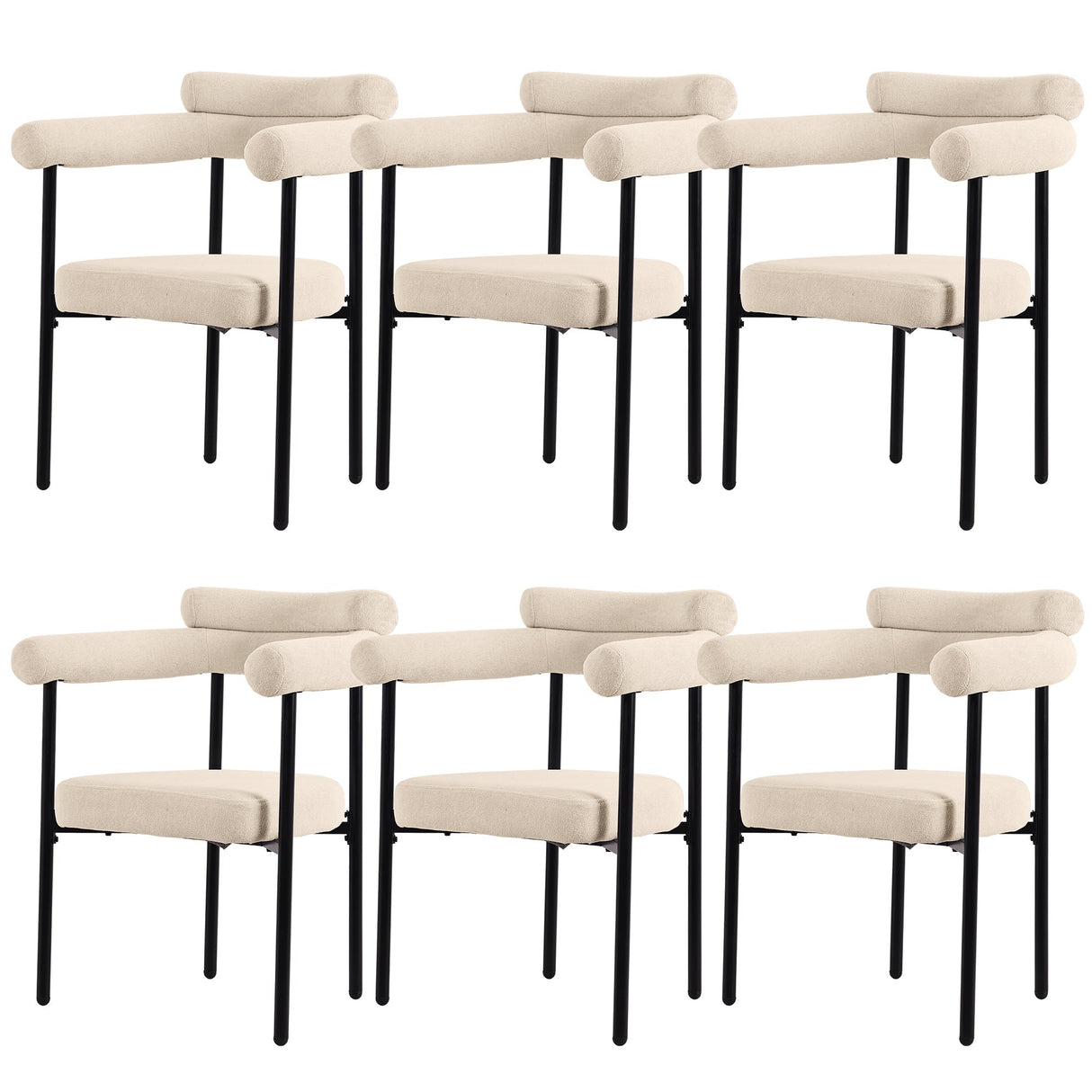Modern Dining Chairs, Upholstered Armchairs with Metal Legs, Set of 6, Cream Faux Suede