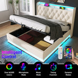 Upholstered Double Ottoman Bed with 360 Surround LED, Hydraulic Storage, Charging Function, PU, White