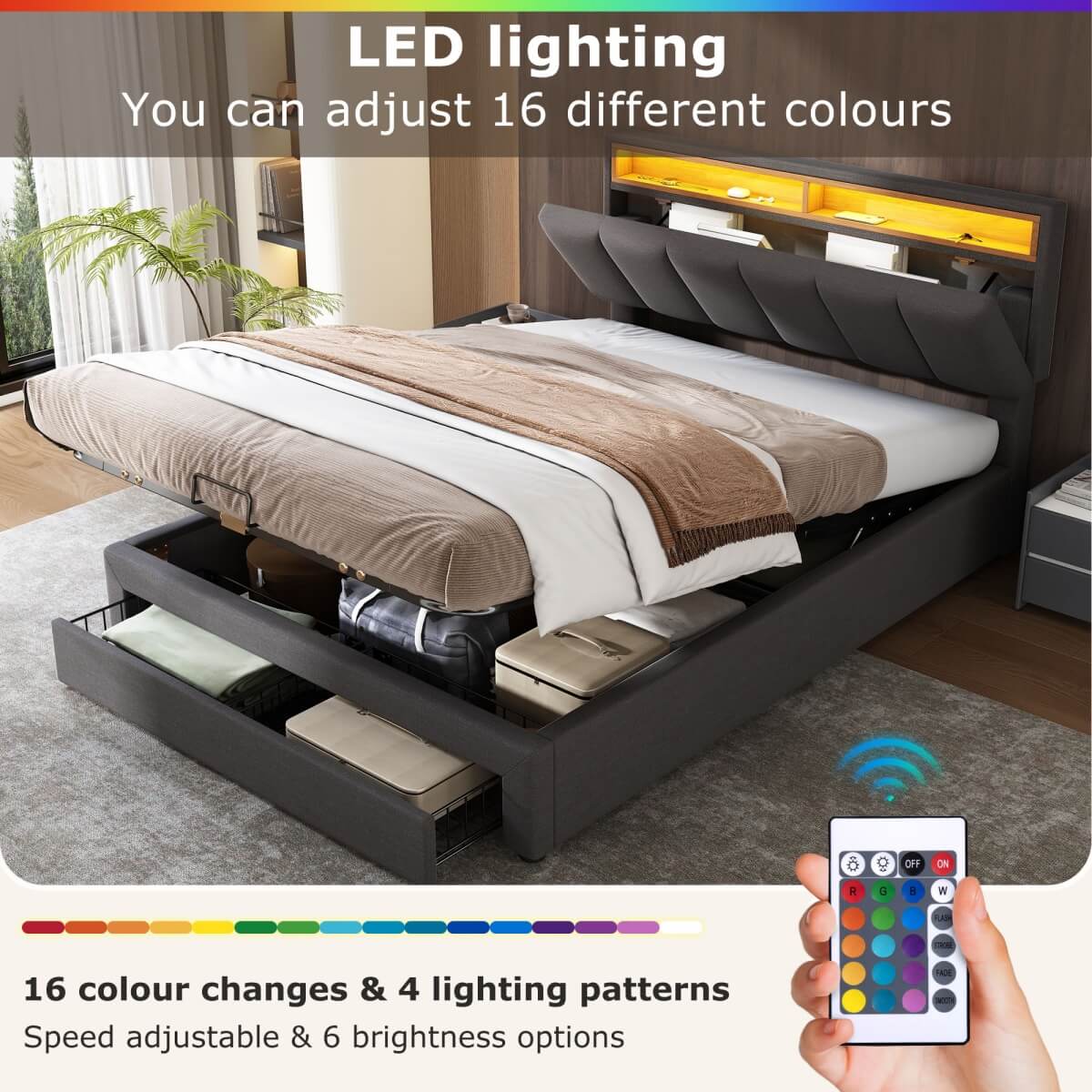 5ft King Upholstered Storage Bed with LED Lights – Hydraulic Bed with Drawers, Bed Box and Stowable Headboard