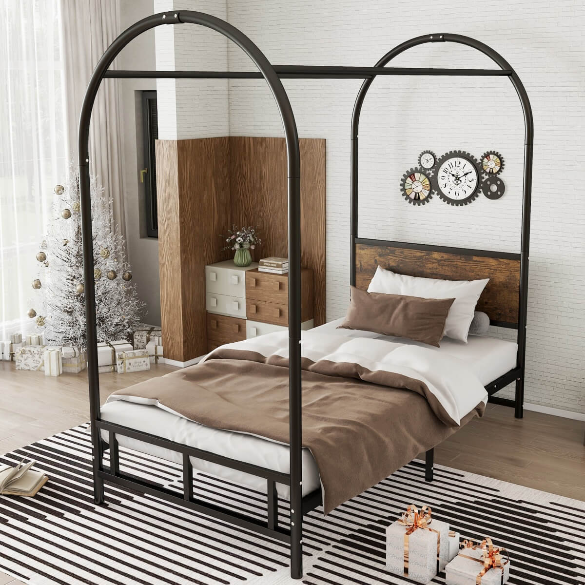 3ft Single Metal Canopy Bed - Sturdy Iron Bed Frame for Adults & Teenagers, Black & Wood