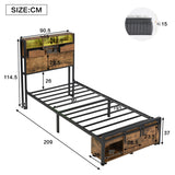 Metal Iron Bed, 3ft Single 90x190cm, with Multi-Color LED Lights, Charging Port (2A/1C), Storage, Black Wood