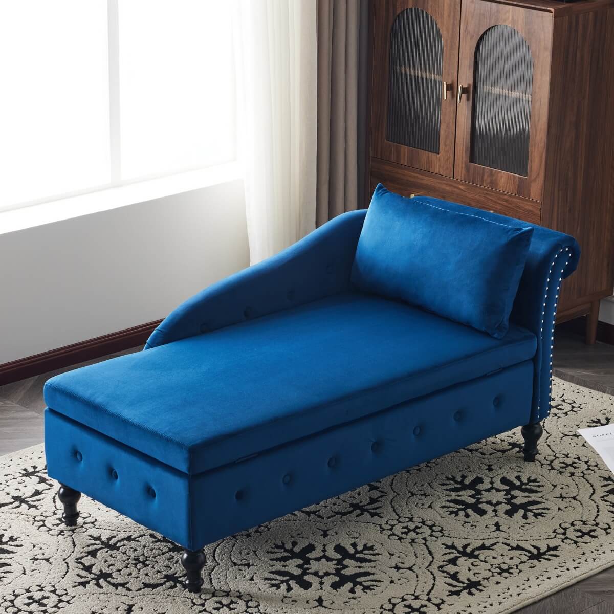 Velvet Chaise Lounge with Storage - Tufted Upholstered Sofa, Right Armrest, Blue