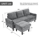 L Shaped Corner Sofa - 3 Seater Sectional Couch with USB & Cup Holder, Grey