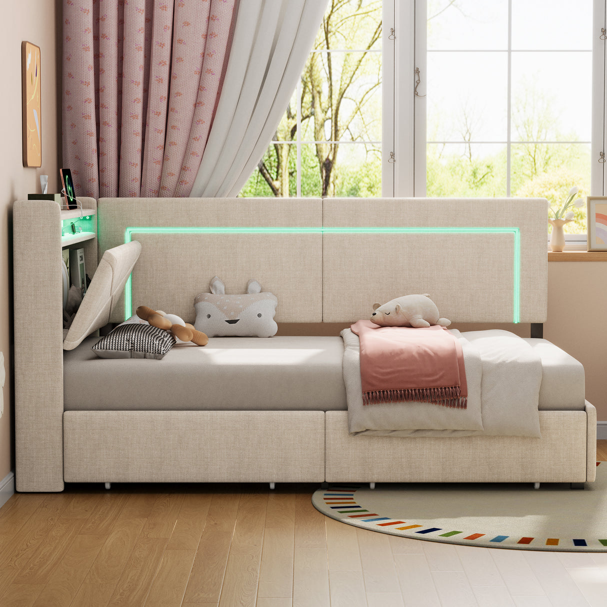 3ft Single Daybed with Two Storage Drawers, LED Concealed Headboard Storage with Charging Station, Modern Linen Sofa Bed for Living Room/ Bedroom/ Study Room, 90X190cm, Beige (No Mattress)