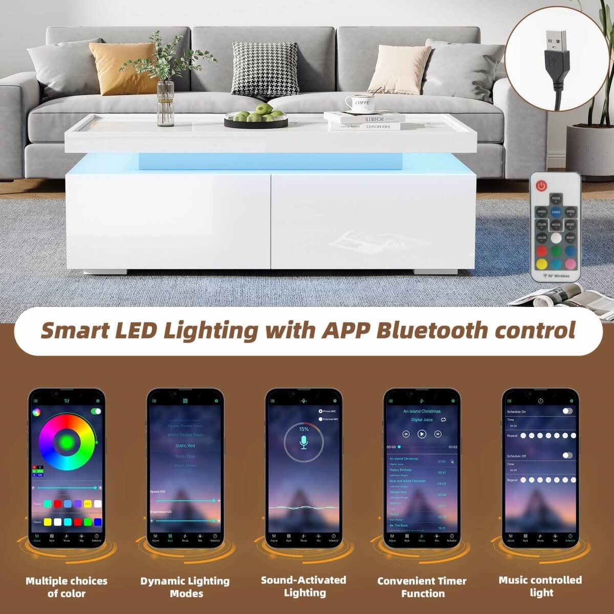 High Gloss Coffee Table with LED Lights - Modern White Storage Table with 2 Drawers