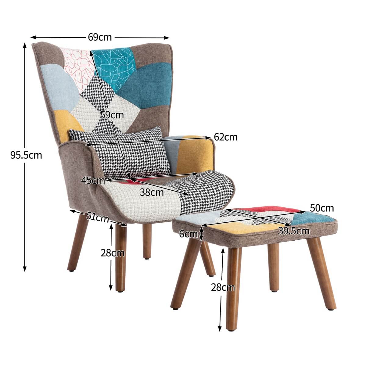 Lounge Chair with Footrest - Upholstered Armchair with Cushion, Multi Colour