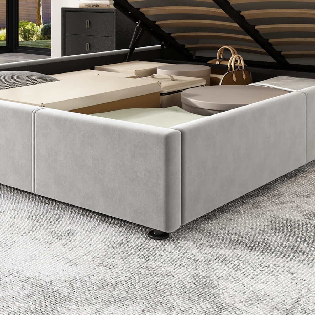 4ft6 Double Velvet Hydraulic Storage Bed - LED Bed with Bluetooth Speaker, USB & Side Pockets, Grey